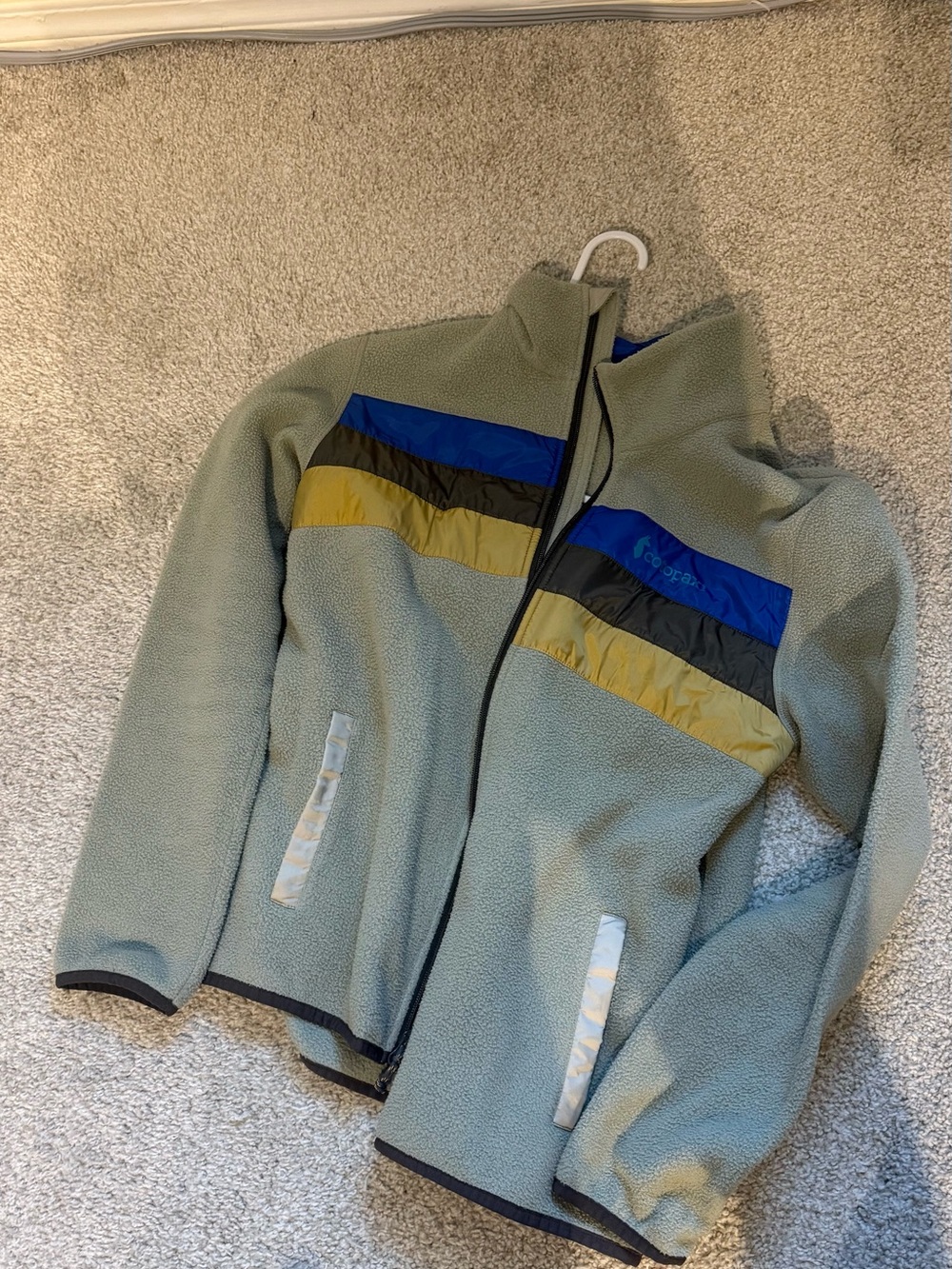 cotopaxi Light Sage Fleece Jacket with Blue and Olive Stripes